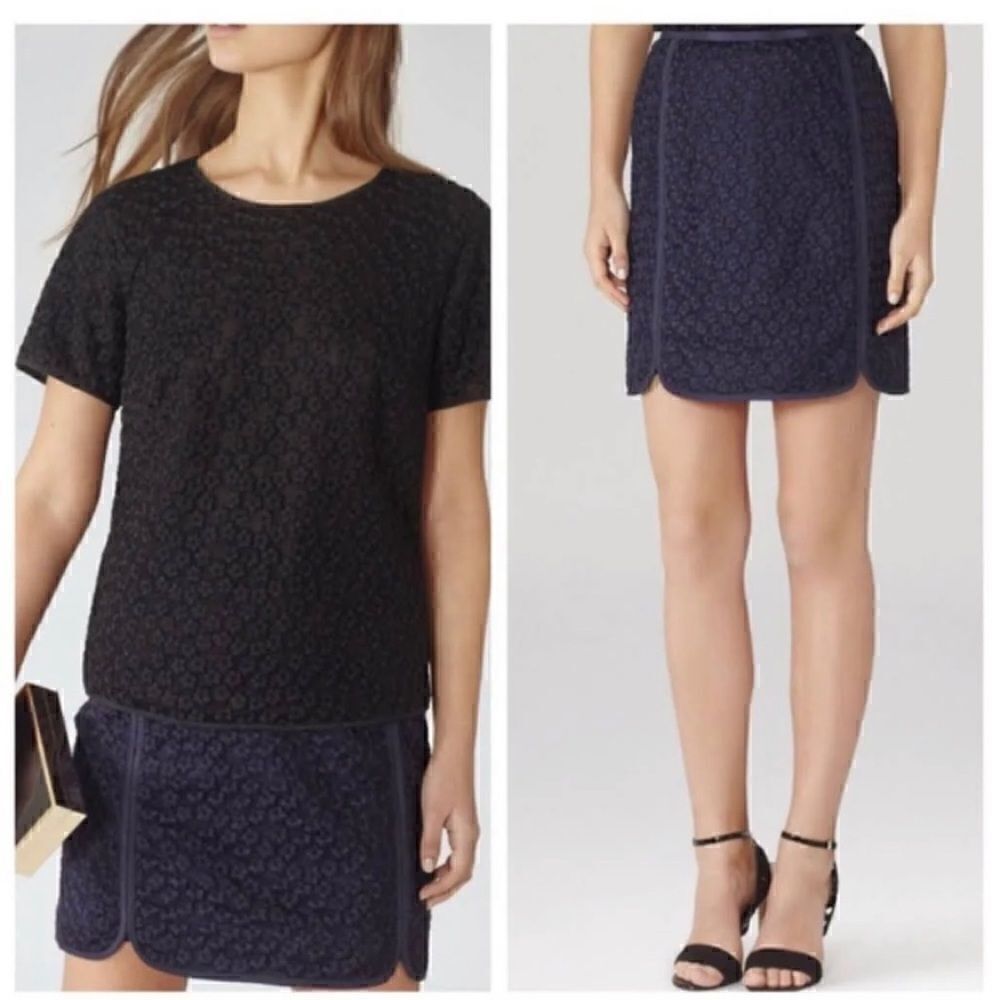 Reiss Beautiful Navy Skirt with Kick Pleat Size 8 crochet lace overlay - Picture 2 of 6
